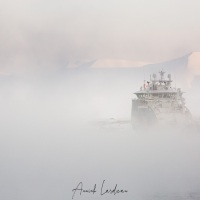 Bateau dans la brume: port de Longyearbyen