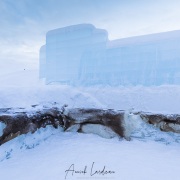 Hôtel de glace: terrasse et bancs recouverts de peaux de rennes